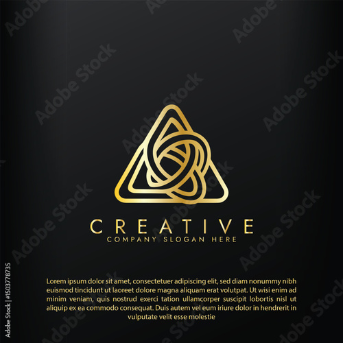 Abstract Glass Triangular Torus Knot 3D golden Logo on black background