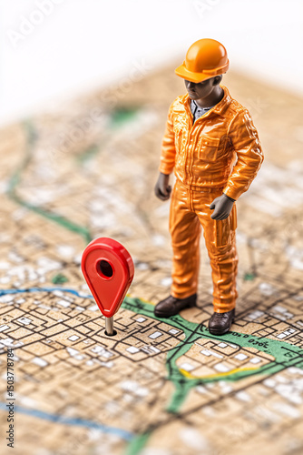 A small construction worker figurine stands near a red location pin on a detailed city map.