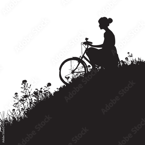 Isolated young woman silhouette sit close bike on hill 