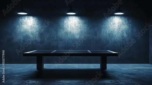 Empty interrogation room with a table and three spotlights shining down, mysterious setting