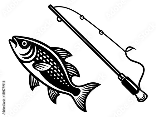 Fish and fishing rod silhouette, Black fishing rod silhouette illustration vector