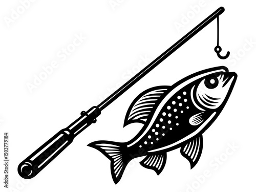 Fish and fishing rod silhouette, Black fishing rod silhouette illustration vector