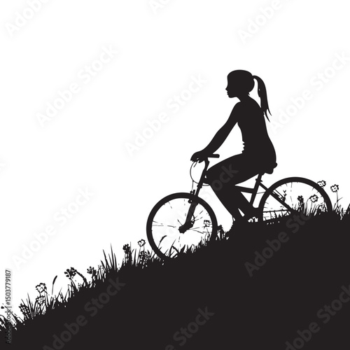 Isolated young woman silhouette sit close bike on hill 