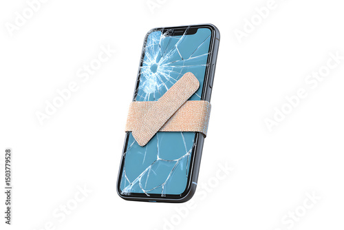 Broken phone screen repair service needed cracked glass fix band aid solution on transparent background