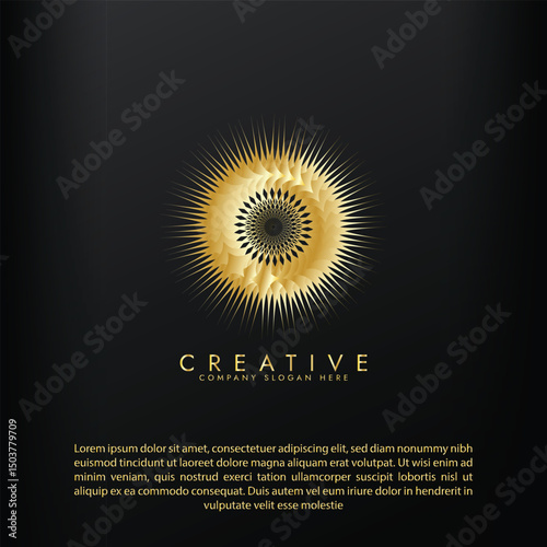 Golden spiral abstract logo with a sunburst effect, perfect for luxury brands vector design