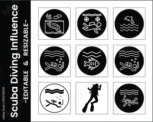 Scuba Diving Icon Set Collection Showing Divers Underwater In Varied Situations