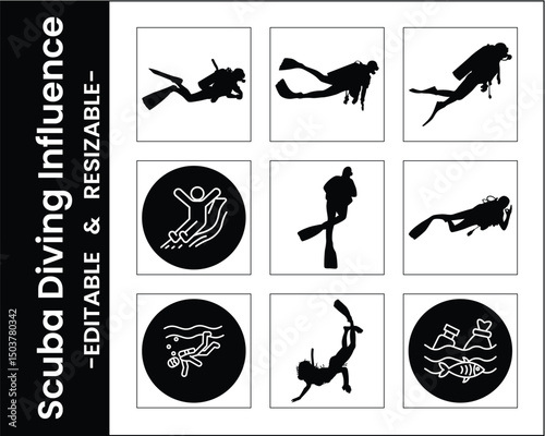 Set Of Scuba Diving Vector Silhouettes With Editable And Resizable Elements