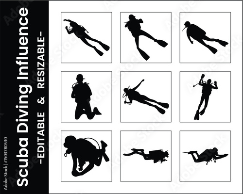 Scuba Diving Silhouettes Collection Underwater Adventure Sport Vector Graphic Design Elements