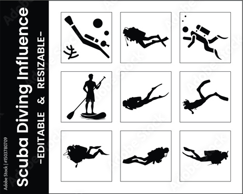 Black And White Scuba Diving Silhouettes Collection For Design And Vector Illustration