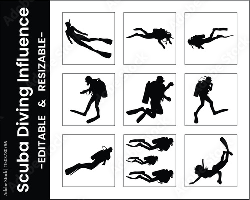 Scuba Diving Silhouettes In Various Poses Underwater Black And White Vector Illustration