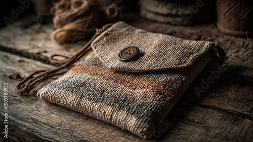 Close up of a rustic pouch with button on a wooden surface with rope and pottery in the background