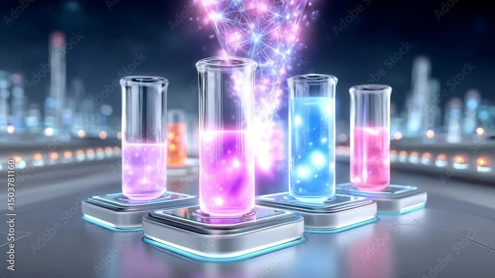 Colorful chemical experiments in modern glass beakers. Colorful chemical experiments in modern glass beakers.