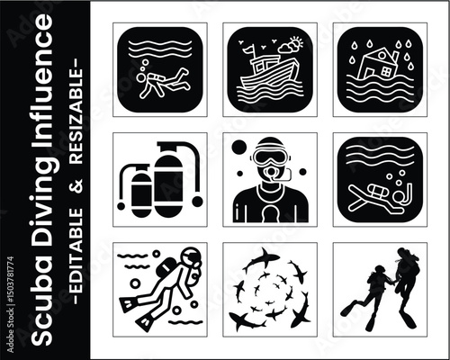Scuba Diving Black And White Icons Set Collection Underwater Adventures And Natural Disasters