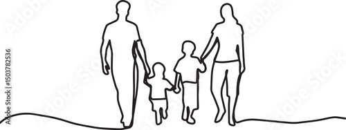 One Line Family Illustration | Minimalist Continuous Line Art of Parents and Two Kids Holding Hands Artwork