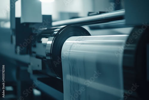 Close up of printing press equipment with rolling paper in industrial setting