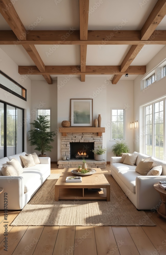 Fototapeta premium Cozy farmhouse living room interior with wooden beams. Stone fireplace adds warmth. Comfortable seating. Rustic design creates inviting atmosphere. Wooden furniture, neutral colors, natural light