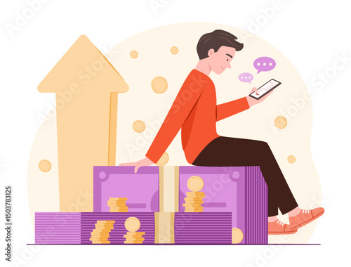 Man Sitting on Cash Money Bundle and Checking Account Balance on Mobile Phone for Financial Savings and Banking Concept Illustration