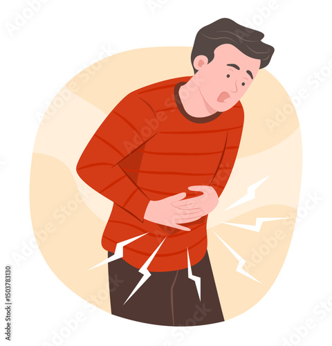 Man Suffering from Stomachache for Abdominal Pain Concept Illustration Clip Art