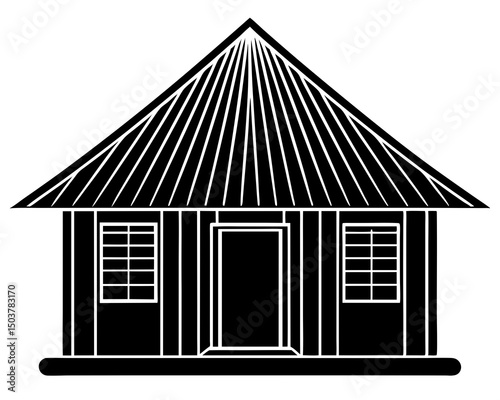 Minimal hut icon with tree vector silhouette, Hut silhouette vector design, A hut icon black color silhouette illustration
