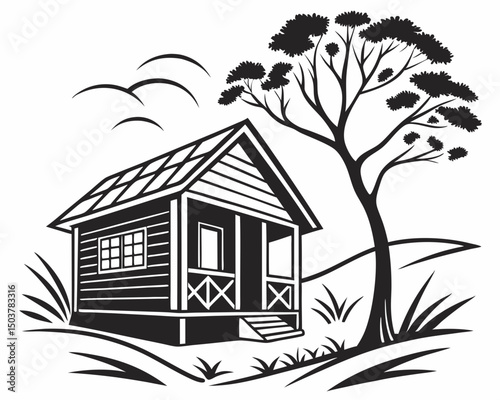 Minimal hut icon with tree vector silhouette, Hut silhouette vector design, A hut icon black color silhouette illustration