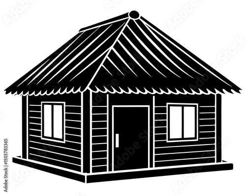 Minimal hut icon with tree vector silhouette, Hut silhouette vector design, A hut icon black color silhouette illustration