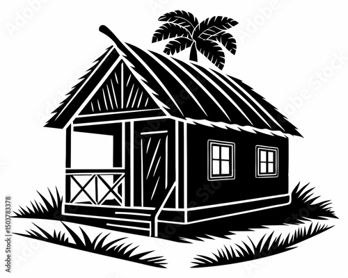 Minimal hut icon with tree vector silhouette, Hut silhouette vector design, A hut icon black color silhouette illustration