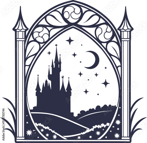 Fantasy Castle Silhouette with Crescent Moon and Stars Framed by Ornate Gothic Archway