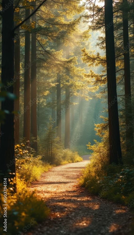 Obraz premium Sunlit Path Through a Forest of Towering Trees: Serene Natural Landscape with Golden Light