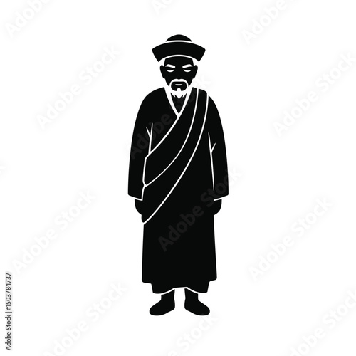 Elderly asian man traditional clothing robe hat