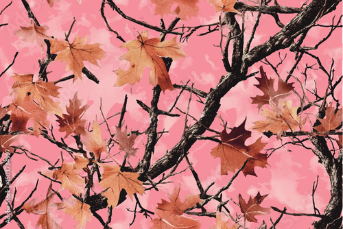 A seamless pattern of pink camouflage with branches and leaves, creating an outdoor-inspired design for hunting gear or camping attire.Conifer tree, branches and leaves. Useable for hunting and milita