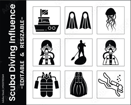 Vector Icons Depicting Scuba Diving Paddleboarding And Sea Life Adventure Elements
