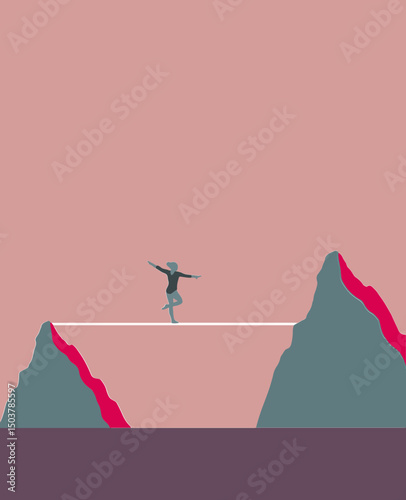 A gymnast on a balance beam spanning two mountain peaks