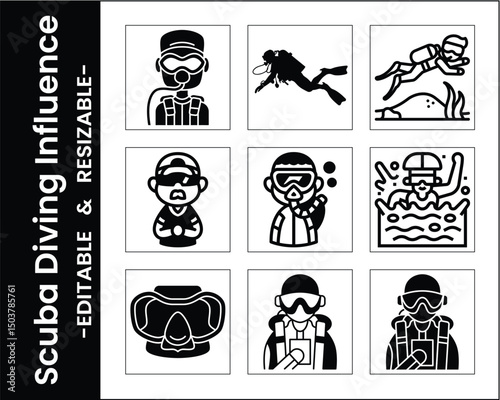 Scuba Diving Icons Vector Set Professional Underwater Adventure Sport Illustrations