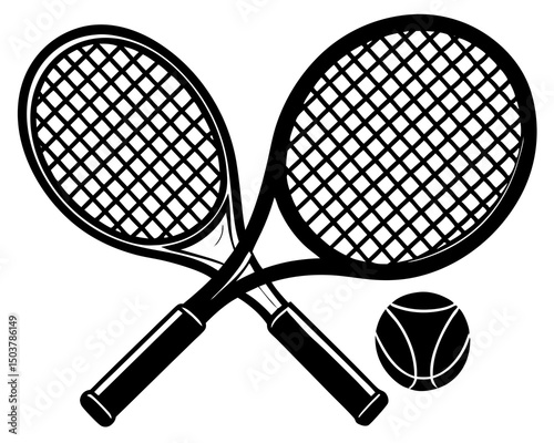 Tennis bat black silhouette, Tennis bat and ball clipart, Crossed tennis bat silhouette vector design