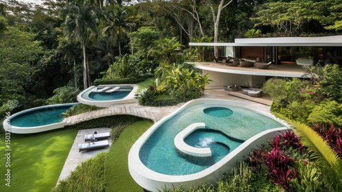 Lush landscaping surrounds a modern home with a unique, flowing pool design