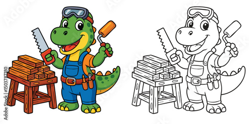 Cute Cartoon Dinosaur Woodworker Full Color and Outline Printable for Kids