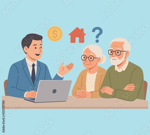 Financial consultation with senior couple discussing retirement planning and housing options
