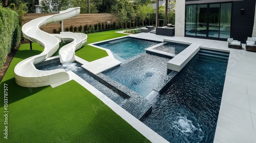 Modern backyard oasis featuring a multi-level pool, waterslide, and artificial turf