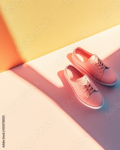 Artistic display of casual footwear against vibrant background colors