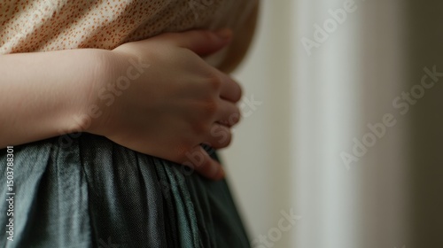 Woman Holding Her Stomach with Hand, Expressing Nausea or Discomfort