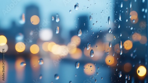 Raindrops Glimmer on Glass with Shimmering City Lights Background