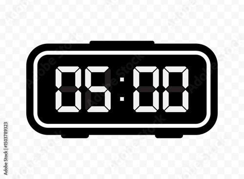 Vector illustration of five o'clock digital clock icon sign and symbol. black icon for website design .Simple design on transparent background