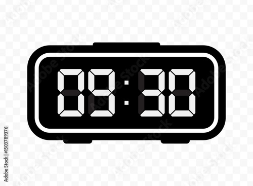 Vector illustration of half past nine digital clock icon sign and symbol. black icon for website design .Simple design on transparent background
