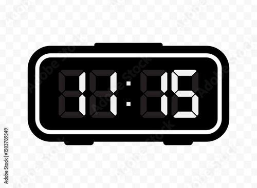 Vector illustration of quarter past eleven digital clock icon sign and symbol. black icon for website design .Simple design on transparent background