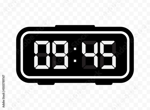 Vector illustration of quarter to ten digital clock icon sign and symbol. black icon for website design .Simple design on transparent background