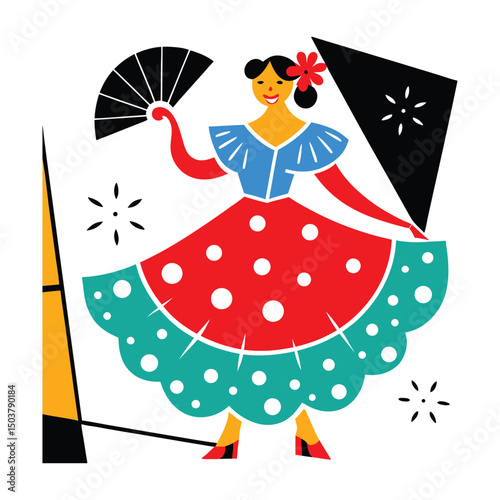 Flamenco dancer in vibrant dress flowers in hair isolated on transparent background