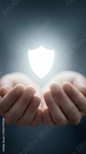 Glowing shield floating above open hands for protection,vertical video