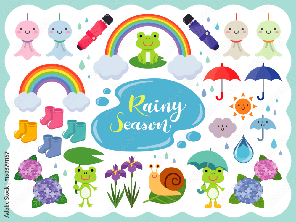 Naklejka premium Whimsical Rainy Season Art: Monsoon Illustrations & Decorative Elements