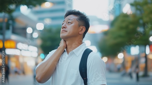 Japanese Man Massaging Neck in Urban Setting Showing Discomfort