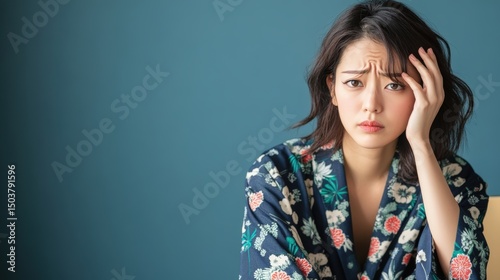 Japanese Woman with Hand on Forehead Expressing Thoughtful Emotion